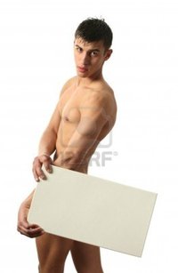 nude muscled men wrangel nude muscular man covering copy space blank board isolated white photo